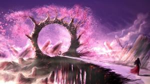 Tree ring arch, pink, leaves, rocks, girl, art pictures wallpaper thumb