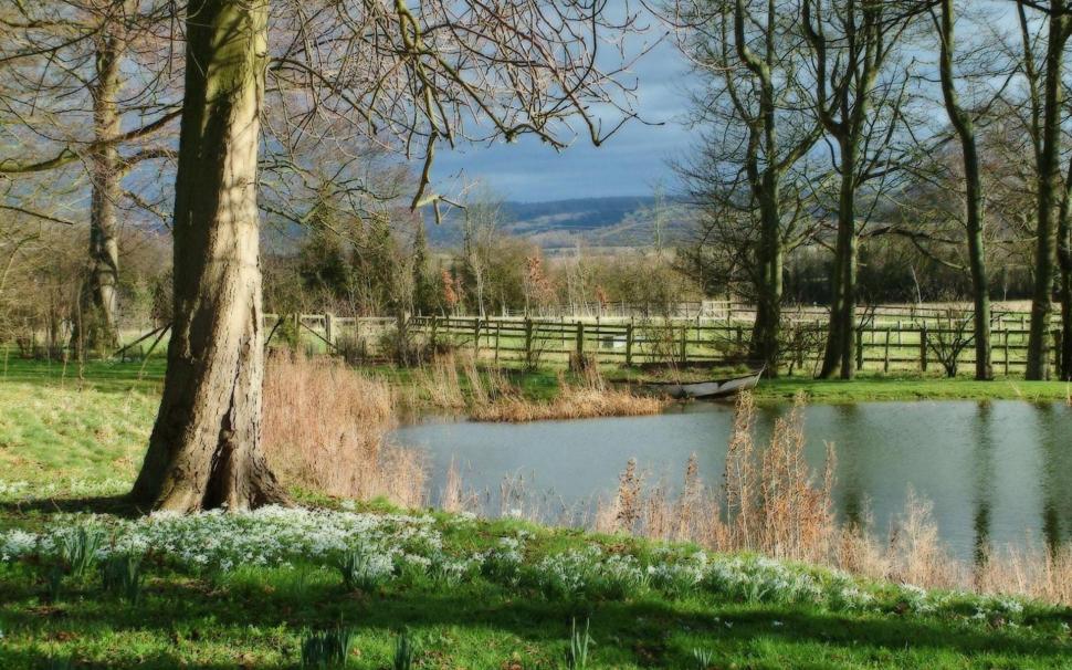 Wonderful Pond In The Countryside wallpaper,trees HD wallpaper,fence HD wallpaper,pond HD wallpaper,boat HD wallpaper,countryside HD wallpaper,nature & landscapes HD wallpaper,1920x1200 wallpaper