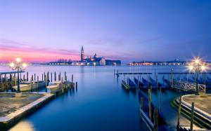 Italy, Venice, town, pier, boats, sea, evening, sunset, lights wallpaper thumb