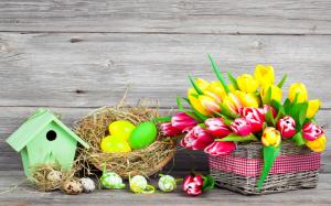 Easter, spring, flowers, eggs, colorful, red and yellow tulips wallpaper thumb