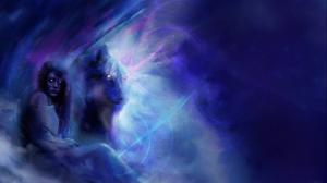 Art painting, girl with wolf, blue style wallpaper thumb