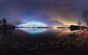 Aurora Borealis Northern Lights Lake Reflection Stars Night Rocks Stones HD wallpaper thumb