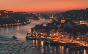 Portugal, city of Porto, evening, lights, river, bridge, buildings wallpaper thumb