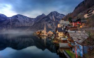 Beautiful town, Hallstatt, Austria, Alps, lake, mountains, houses, dawn wallpaper thumb