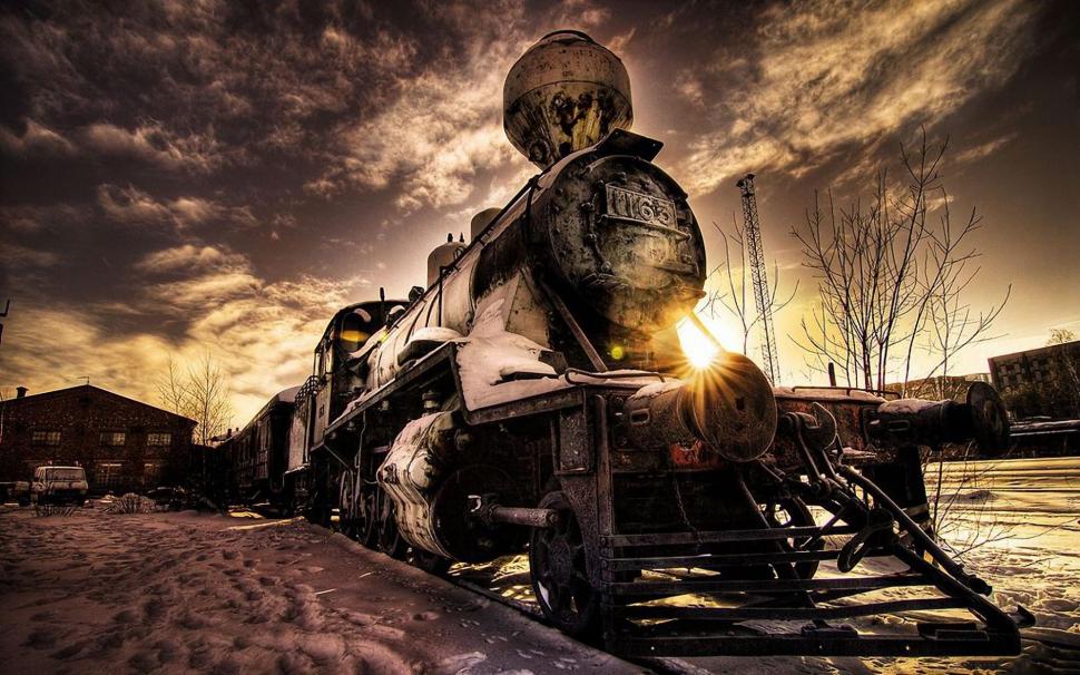 Fantastic Steam Train In Winter's Sunset Hdr wallpaper,train HD wallpaper,tracks HD wallpaper,winter HD wallpaper,city HD wallpaper,steam HD wallpaper,sunset HD wallpaper,station HD wallpaper,cars HD wallpaper,1920x1200 wallpaper