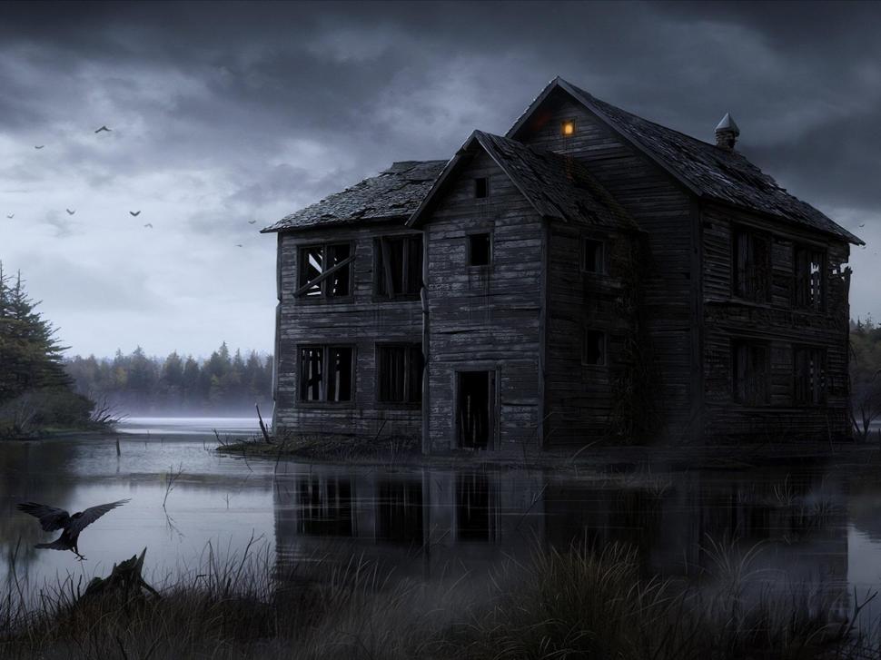 Dark Spooky House On The Water wallpaper,halloween HD wallpaper,dark HD wallpaper,gray HD wallpaper,water HD wallpaper,spooky HD wallpaper,houses HD wallpaper,clouds HD wallpaper,eerie HD wallpaper,nature & landscapes HD wallpaper,1920x1440 wallpaper