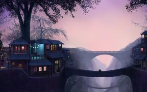 Art painting, dusk, house, trees, light, bridge wallpaper thumb