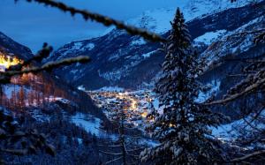 Alps, Switzerland, mountains, trees, winter, snow, house, night wallpaper thumb