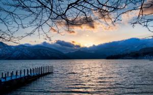 Lake, clouds, mountains, twigs, dawn wallpaper thumb