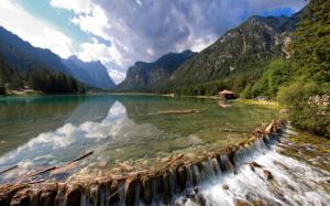 Lake, mountain, lodge, stone, clouds wallpaper thumb