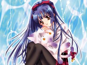 Blue hair anime girl holding pet wallpaper thumb