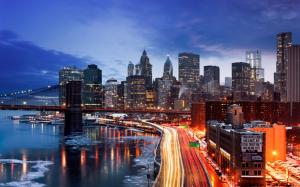 New York, Manhattan, USA, winter, evening, roads, bridge, houses, lights wallpaper thumb