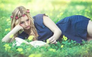 Beautiful girl read book, wreath, grass, flowers wallpaper thumb