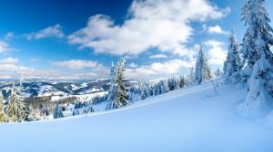 Winter, snow, trees, mountains, sky, clouds wallpaper thumb