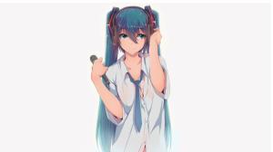 Hatsune Miku, Vocaloid, Twintails, Blue Eyes, Blue Hair, Tie Bangs, Microphones, Looking Away, Shirt, Long Hair, Simple Background, Blushing, Solo, Headphones, Anime Girls wallpaper thumb
