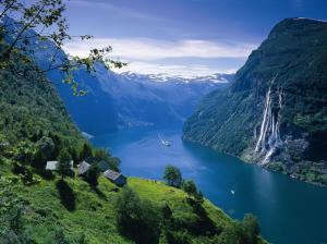 Norway landscape, fjord, mountains, river, ship, house, waterfalls wallpaper thumb