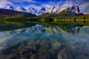 mountain landscape, reflection, mountains, lake, rocks wallpaper thumb