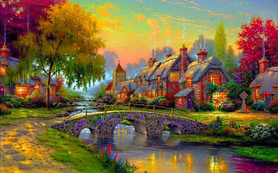 Bridge, painting, house, colorful wallpaper,bridge HD wallpaper,painting HD wallpaper,house HD wallpaper,colorful HD wallpaper,1920x1200 wallpaper