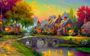 bridge, painting, house, colorful wallpaper thumb