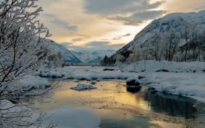 Winter, snow, mountains, trees, river, dusk wallpaper thumb