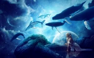 Creative pictures, whales, dream world, fantasy, girl wallpaper thumb