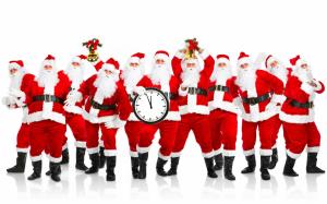 santa claus, christmas, clocks, bells, white background wallpaper thumb