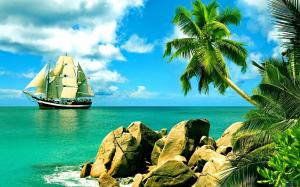 Tropical, Landscape, Boat, Palm Trees, Sea, Rock wallpaper thumb