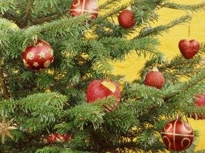 christmas, new year, fur-tree, attribute, spheres, red, ornaments, heart wallpaper thumb