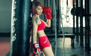 Red dress asian girl, boxing, sports wallpaper thumb