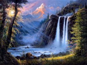 Jesse Barnes art painting, landscape, waterfalls, trees, bears wallpaper thumb
