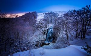 France, winter, snow, mountains, river, waterfall, trees, blue, dusk wallpaper thumb