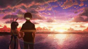 Anime Girls, Anime, Boy, Back, Sunshine, Clouds, River wallpaper thumb