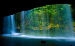 falls, stream, cave, gorge, water, wood, green, brightly, behind a wall wallpaper thumb