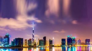 Beautiful night in Dubai, Burj Khalifa, high-rise buildings, lights, water wallpaper thumb