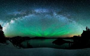 Aurora Borealis and the Milky Way above the mountain lake wallpaper thumb