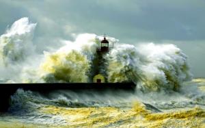 Lighthouse, storm, sea, coast, waves wallpaper thumb