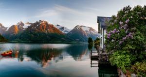 Spring, Sunrise, Fjord, Norway, Mountain, Houseflowers, Boat, Sea, Reflection, Landscape, Nature wallpaper thumb
