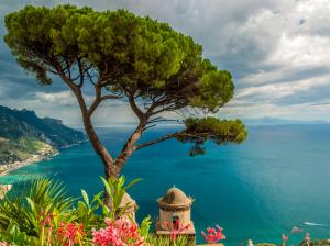 Italy, Ravello, blue sea, boat, mountains, trees wallpaper thumb