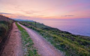 Spain scenery, road, footpath, grass, coast, sea, evening sunset wallpaper thumb