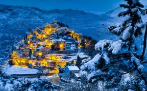 Snow winter, mountains, forest, village, evening, dusk, lights wallpaper thumb
