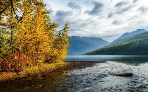 Mountains, sky, clouds, river, forest, trees, colorful autumn wallpaper thumb