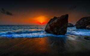 Sunset beach, red sky, clouds, sea, stones, dusk wallpaper thumb