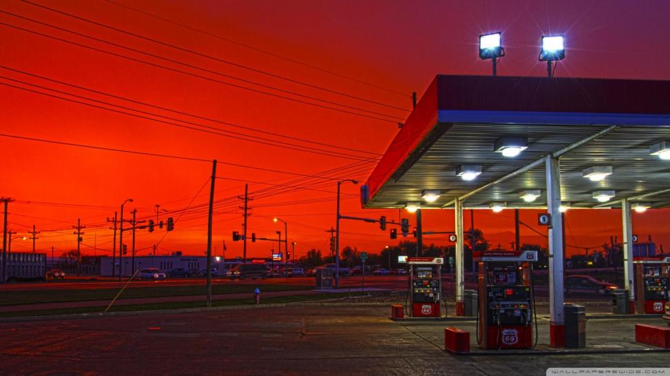 Gas Staion Under A Red Sky wallpaper,gas station HD wallpaper,street HD wallpaper,town HD wallpaper,nature & landscapes HD wallpaper,1920x1080 wallpaper