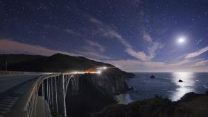 Bridge Stars Night Moonlight Ocean Coast Timelapse HD wallpaper thumb