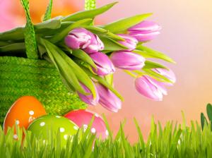 Purple tulips, Easter, spring, basket, eggs, grass wallpaper thumb