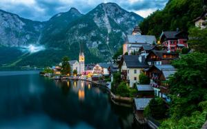Hallstatt, Salzkammergut, Austria, mountains, evening, lake, boats, houses wallpaper thumb