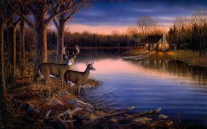 Fawn and stag at the water wallpaper wallpaper thumb