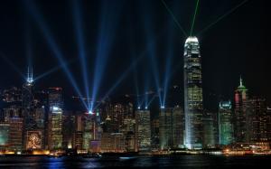Hong Kong Buildings Skyscrapers Night Lights Lasers HD wallpaper thumb