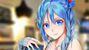 Chain Chronicle, Phoena (Chain Chronicle), Blue Hair, Blue Eyes, Bangs, Closeup, Braids, Smiling, Solo, Looking At Viewer, Bare Shoulders wallpaper thumb