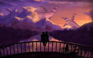 Romantic couple bridge sunset art wallpaper thumb